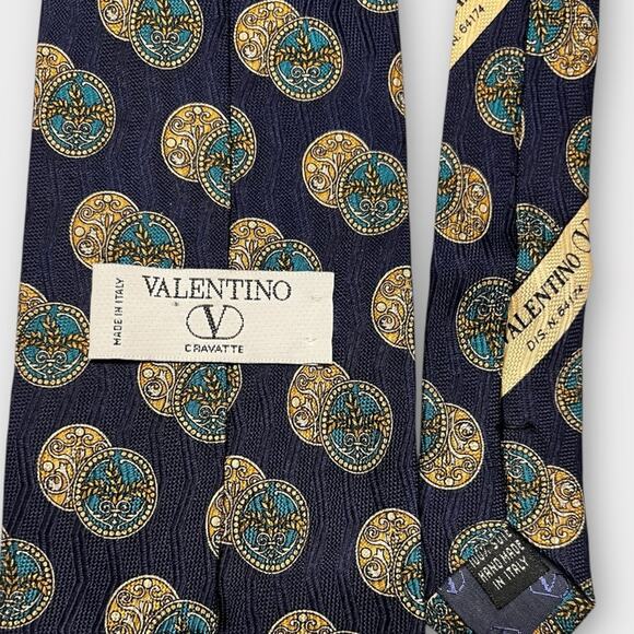 VALENTINO navy, teal & gold coin medallion print silk tie made in Italy luxury - Picture 5 of 6